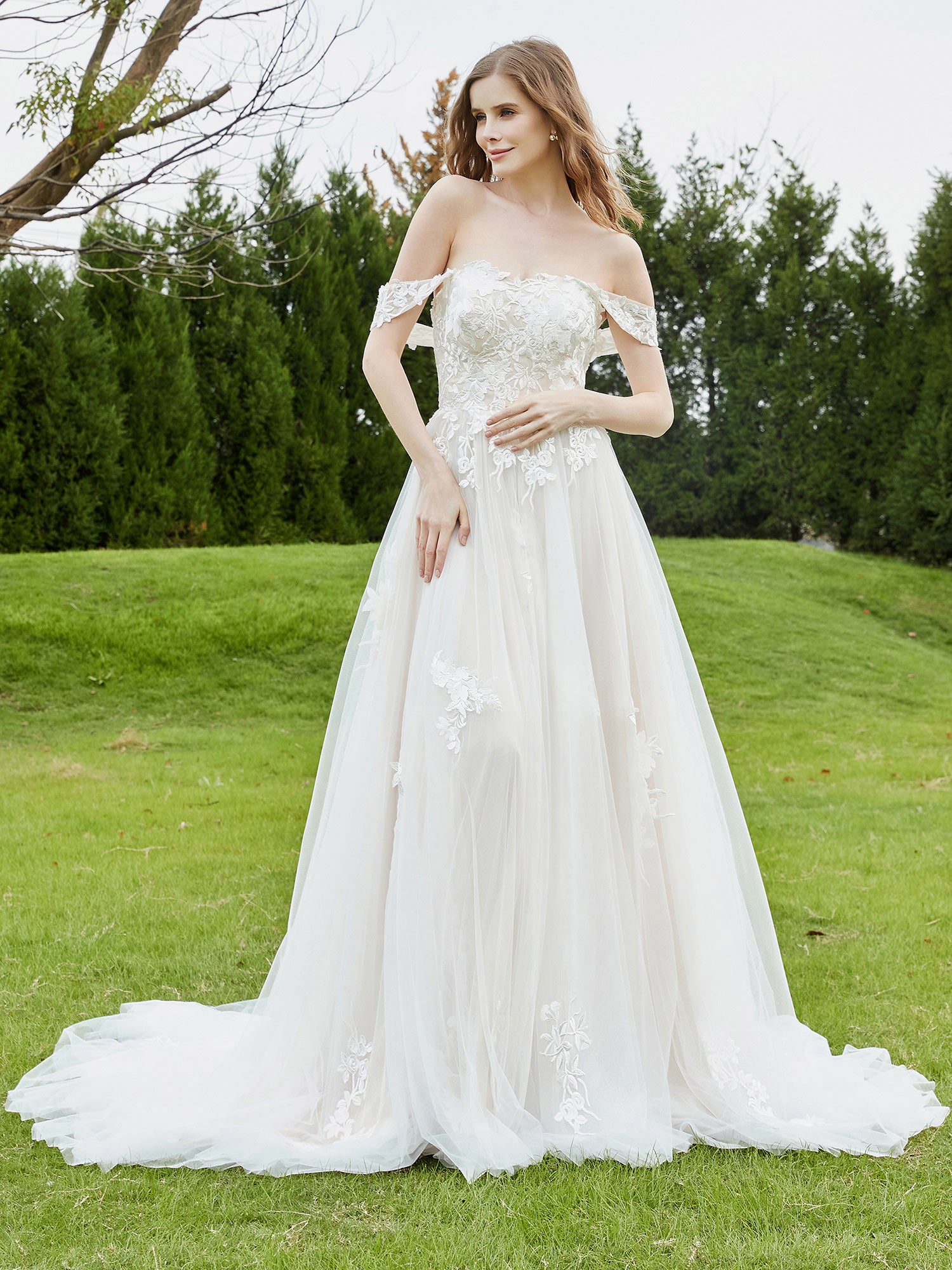 Off-the-shoulder Chapel train Lace Wedding Dress Ivory/Champagne